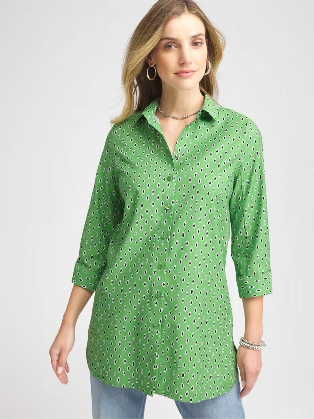 Chico’s No Iron Geo-Print Tunic Shirt Women’s Size XL Button Front Cotton Poplin